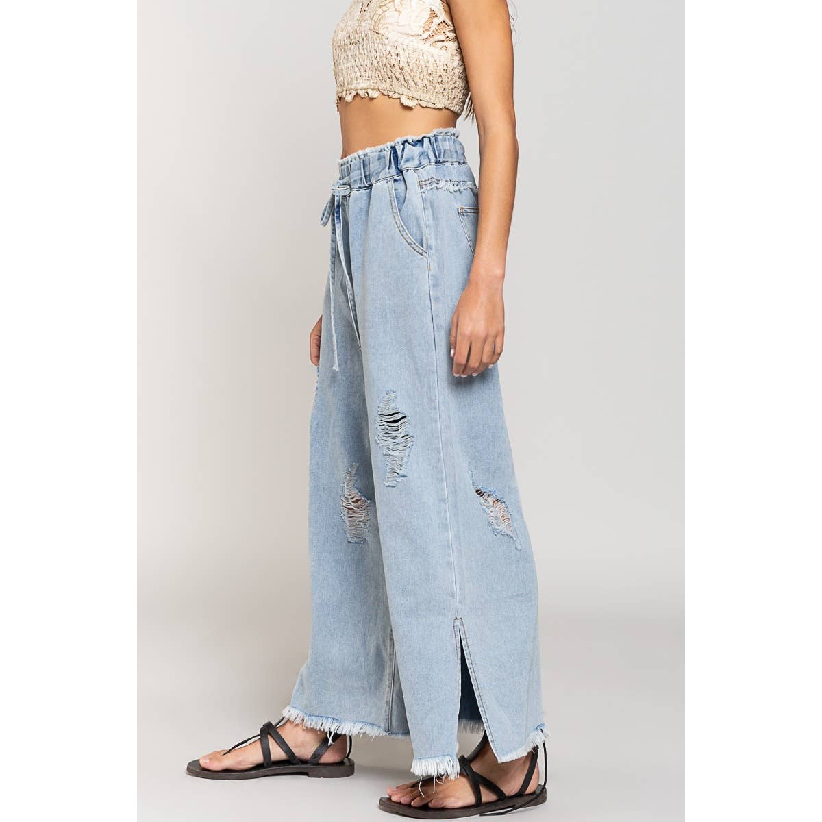 Pol Clothing - Wholesale Jeans - Women's - Wide Leg Drawstring Elastic Waist Distressed Denim Pants1