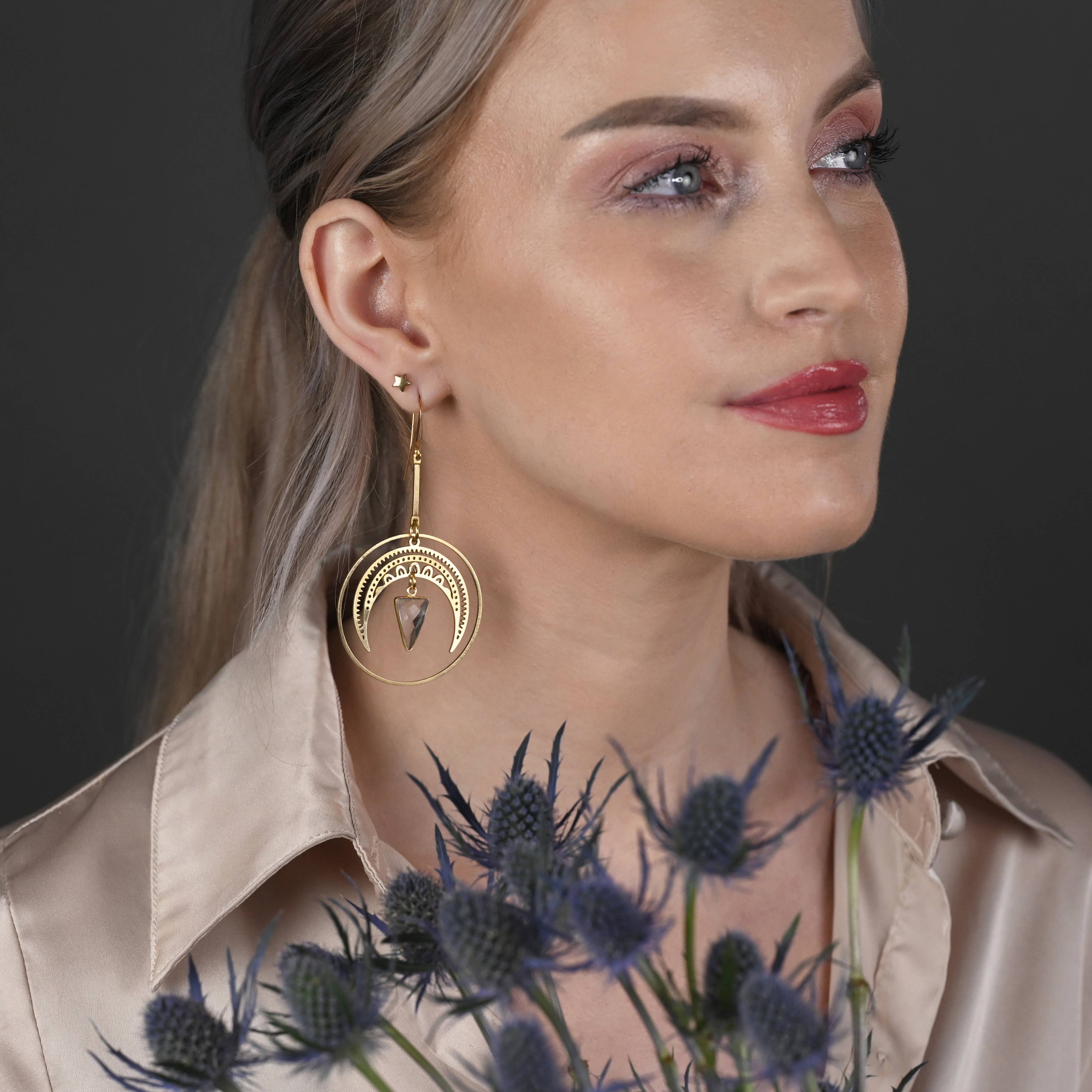 KBD Studio - Wholesale Dangle Earrings - Lace Moon Hoop w/ Triangle Gemstone Triangle Drop Earrings2