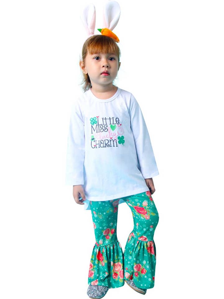 Angeline Kids - Wholesale Top & trouser set – Kids - Baby Toddler Little Girl Little Miss Lucky Charm Tunic Pants Set - Green White0