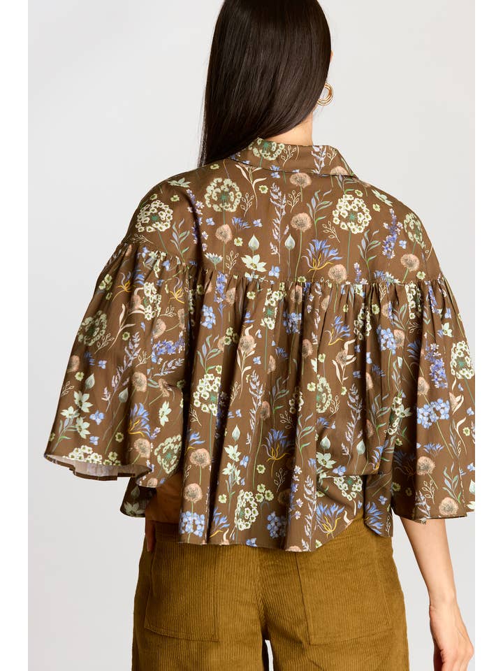 Olive Multi Print Poplin Flowy Sleeve Blouse for wholesale on Faire3