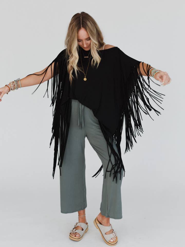Three Bird Nest - Wholesale Tunic - Women's - Showstopper Fringe Top - Black