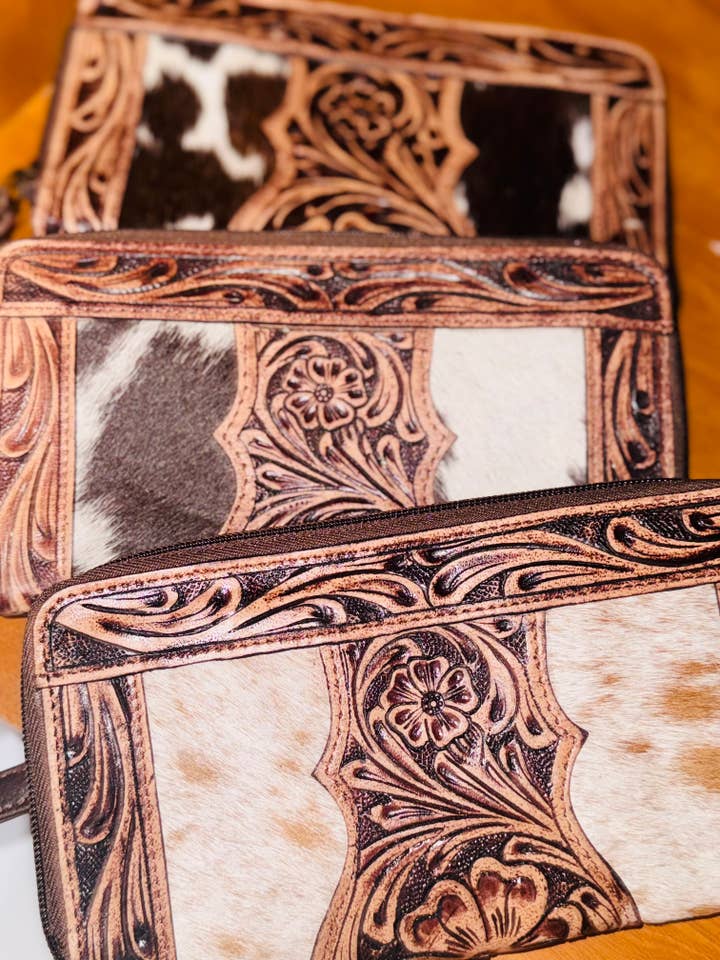 Hand tooled leather and cowhide Accordion zip wallet for wholesale by FRINGE & LUXE