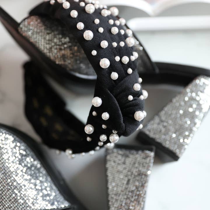 Midnight Black Velvet & Pearl Knotted Headband for wholesale by La Bella