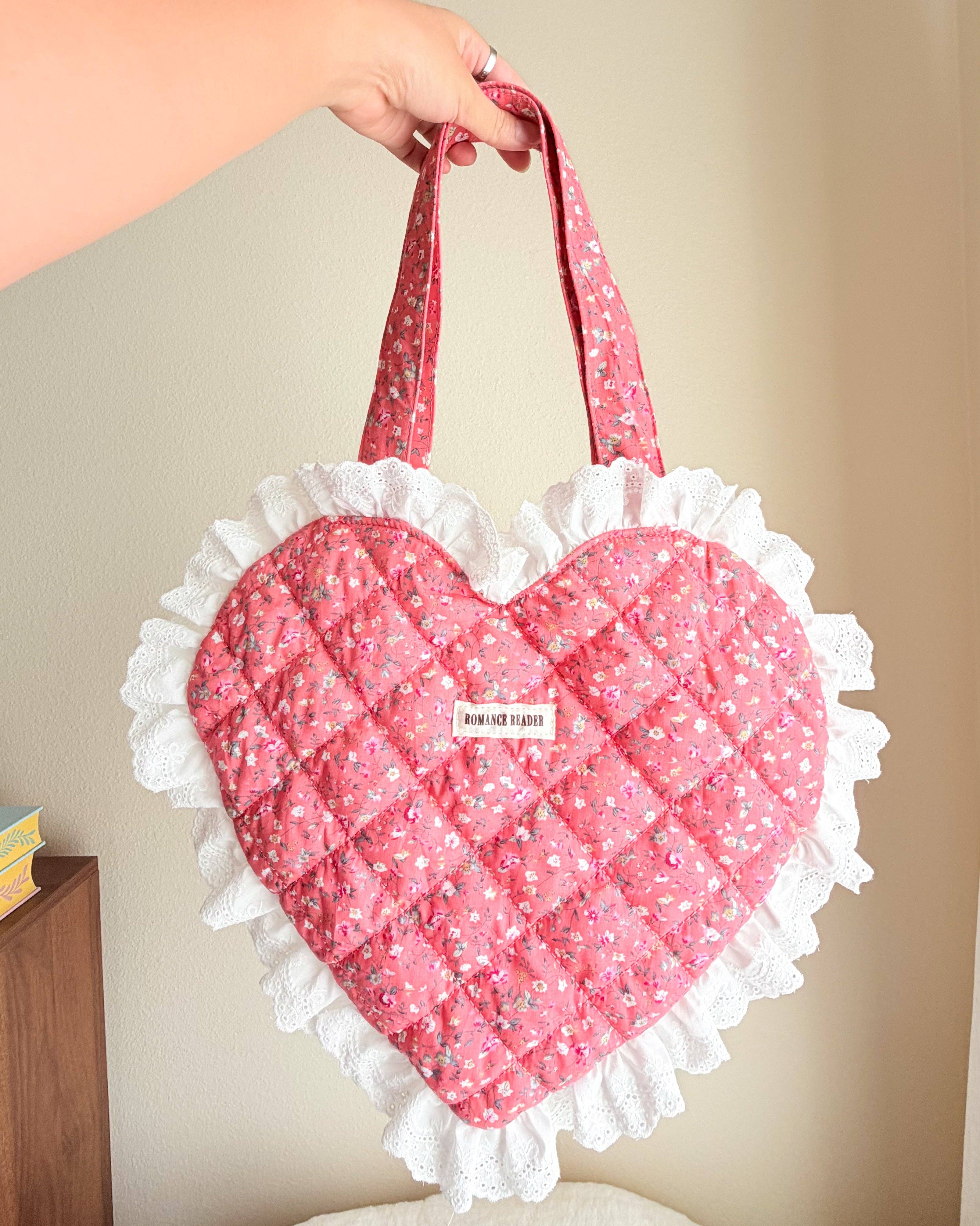 The Bean Workshop - Wholesale Tote Bag - Women's - Romance Reader Red Quilted Heart Tote Bag with Ruffled Lace Trimming2