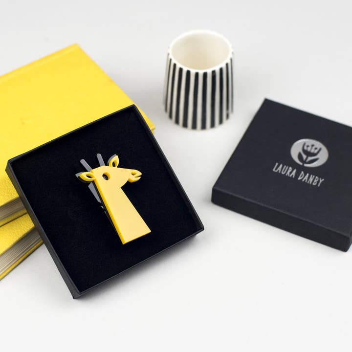 Yellow Giraffe Acrylic Brooch for wholesale by Laura Danby