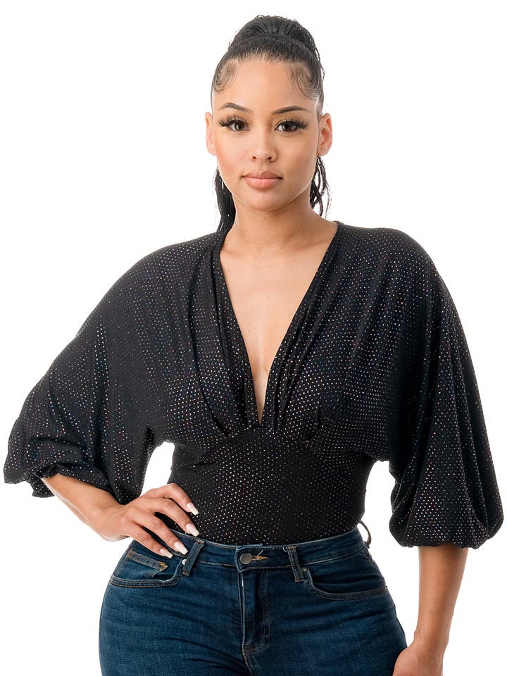 R5049-1-NEW SHINY GLITTER DOLMAN BODSUIT for wholesale by A3 Design USA