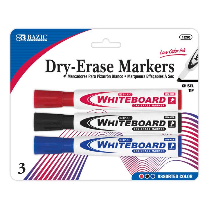 Chisel Tip Assorted Color Dry-Erase Markers (3/Pack) for wholesale by BAZIC Products