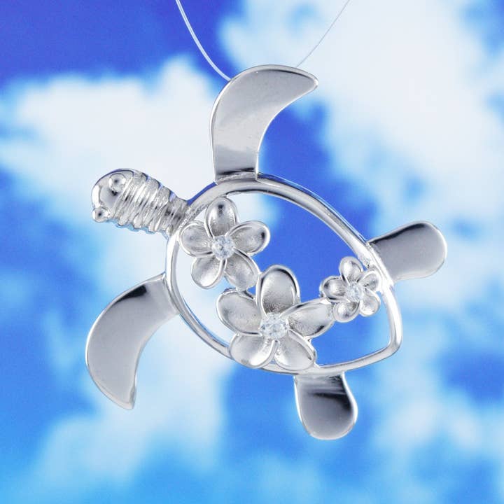 Paradise Treasures Jewelry – wholesale Individual charm/pendant – Hawaiian Sea Turtle 3 Plumeria Pendant, Sterling Silver Turtle 3 Plumeria CZ Pendant, Hawaiian Jewelry, Christmas Mom Birthday Gift3