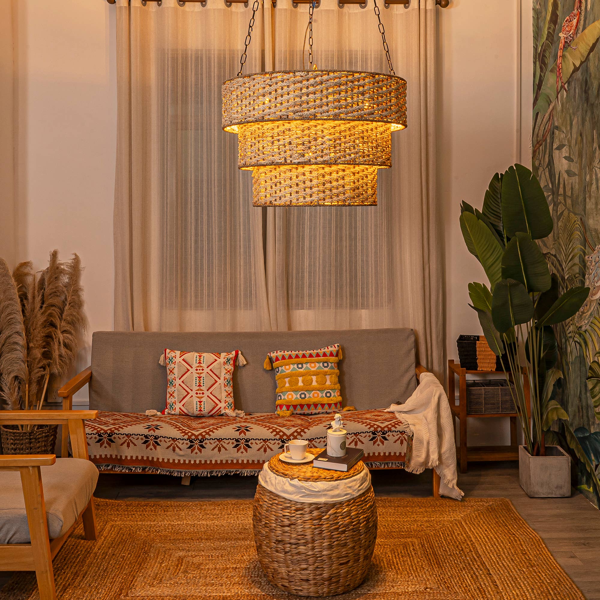 Beige Tierra 5-Light Matte Black 3-Tiered Rattan Chandelier for wholesale on Faire4