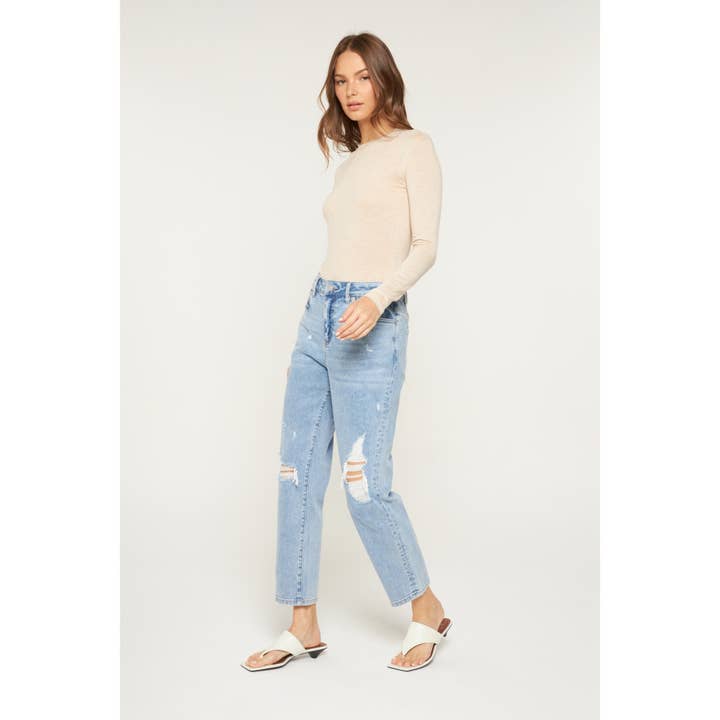 TEALISH BLUE SUPER HIGH DISTRESSED MOM JEAN for wholesale on Faire4