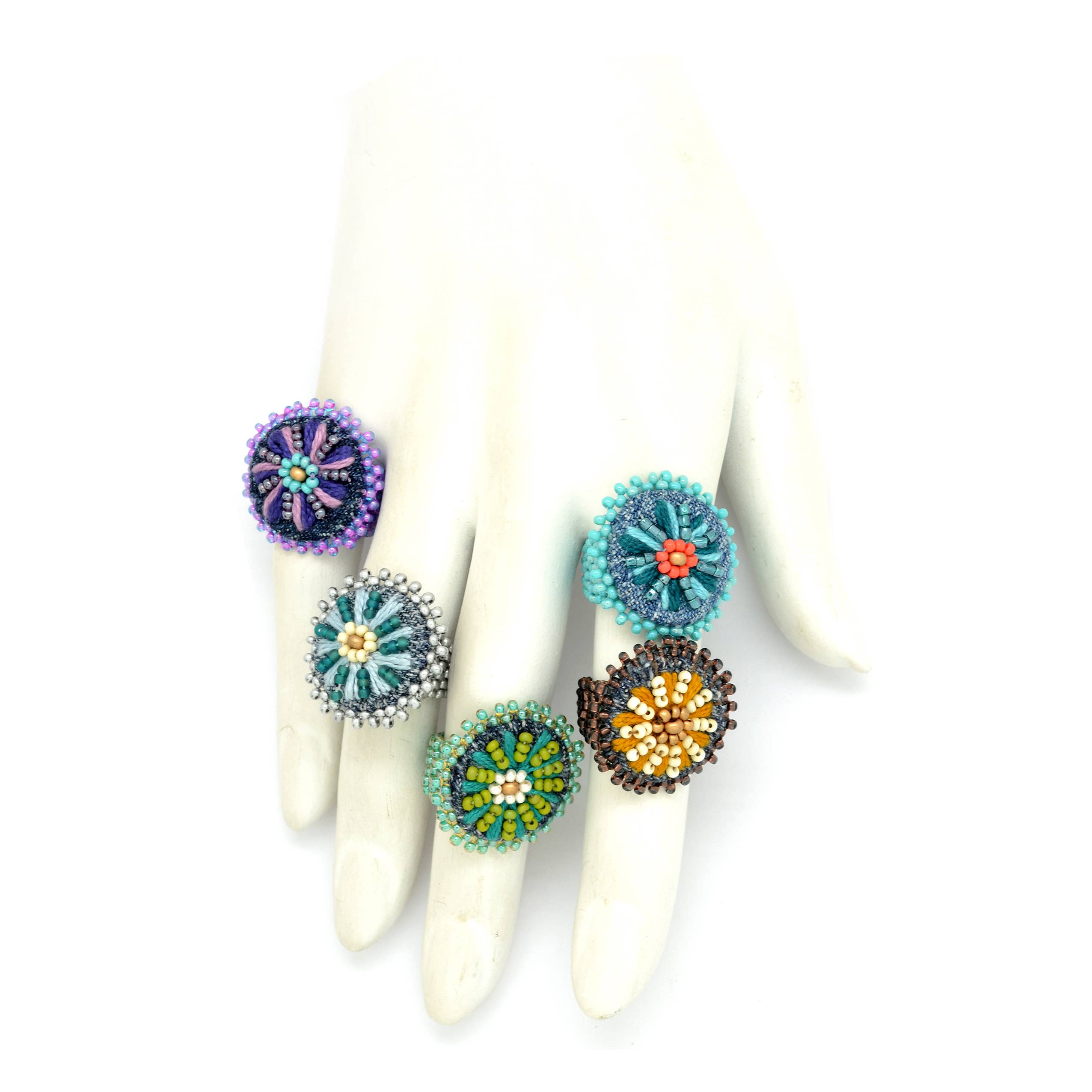 Dunitz & Company - Wholesale Cocktail/Statement Ring - Embroidered & Beaded Denim Flower Rings - Fair Trade1