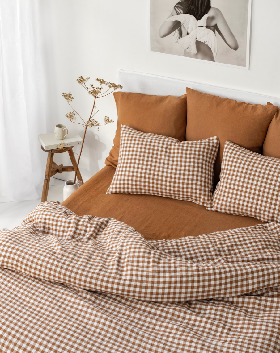 MagicLinen (We handle U.S. import procedures for you) - Wholesale Bedding Set - Cinnamon gingham linen duvet cover set (3 pcs)3