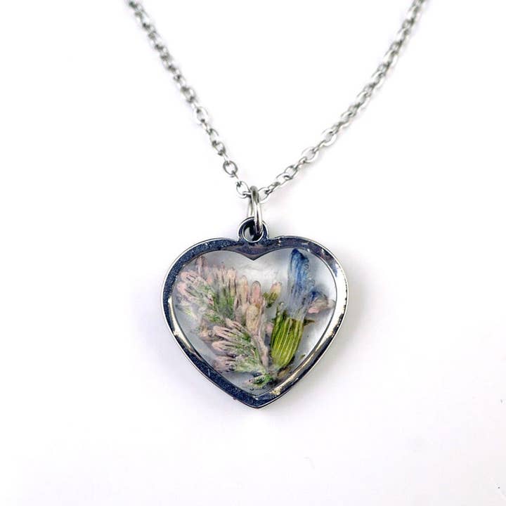 Real Flower Heart Necklace, Pressed Flowers, Caspia and Lavender, Pink and Purple floral heart, Floral Heart, Stainless Steel, Dainty for wholesale by The Pretty Pickle