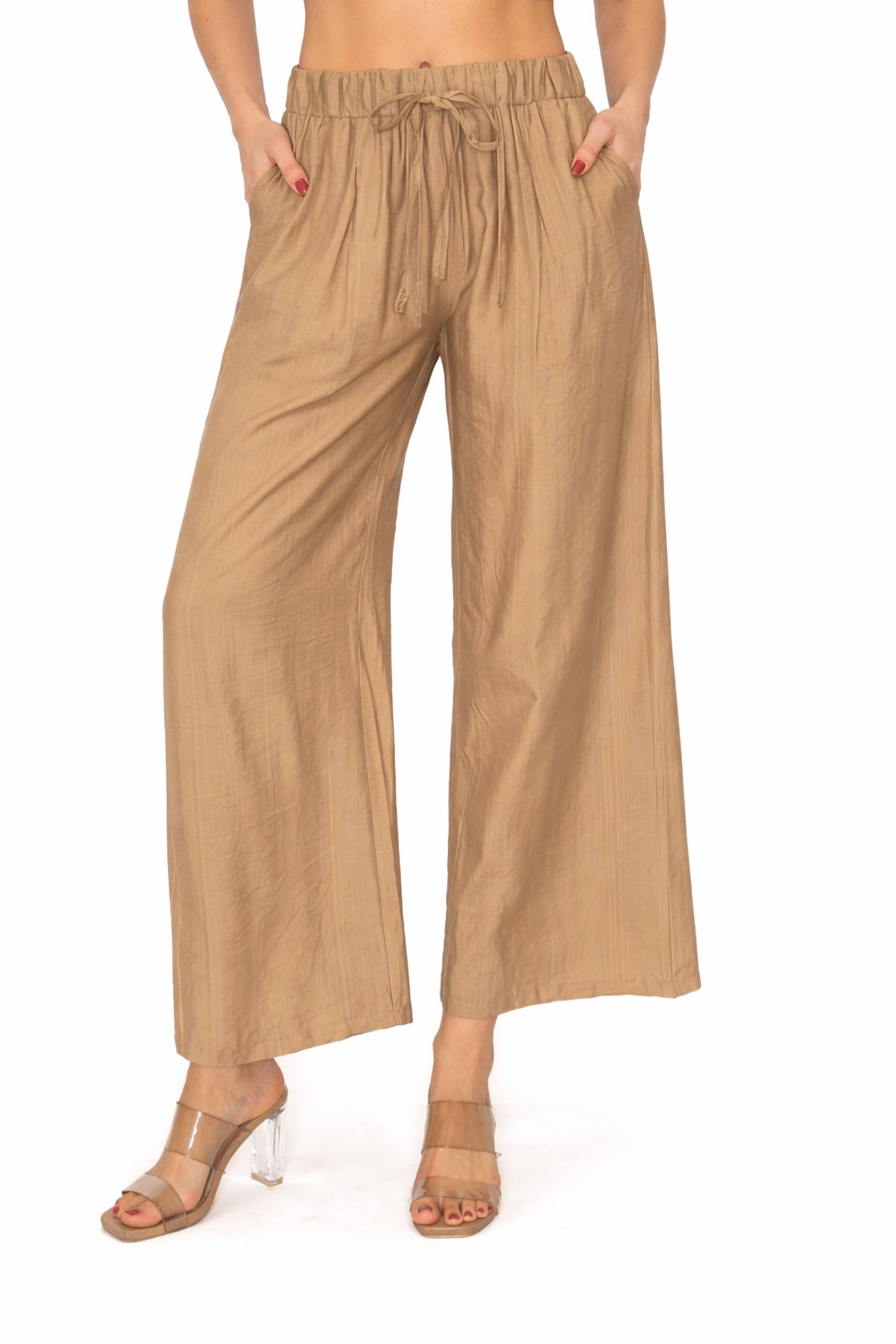 MOA COLLECTION - Wholesale Pants - Women's - Linen Texture Wide Leg Palazzo Pants Casual Style4
