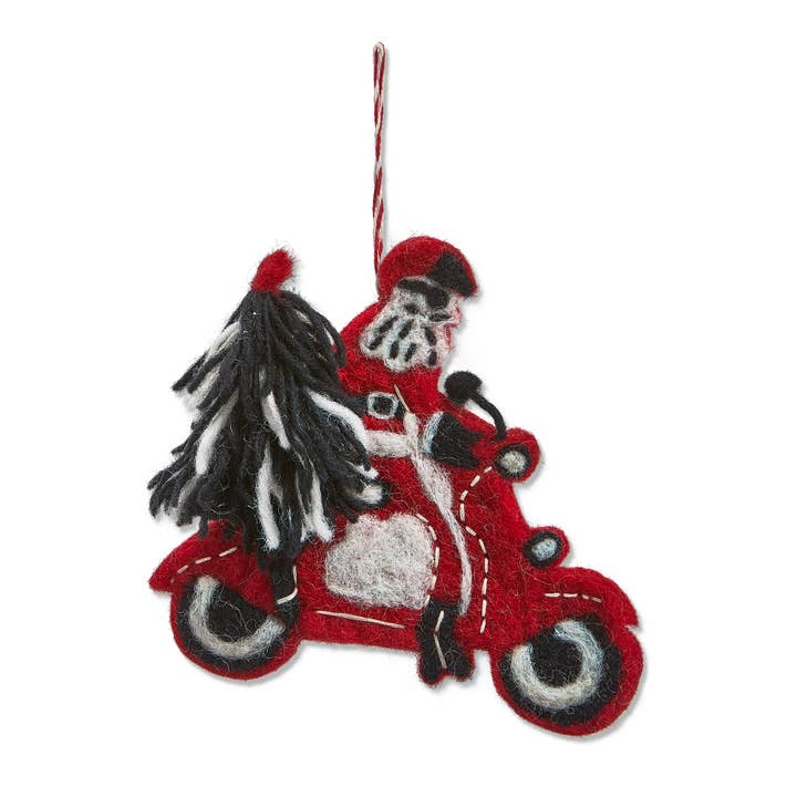 Santa On Moped Ornament Red Wool Christmas for wholesale by tag