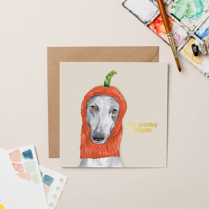 Spooky Season Greyhound Gold Foil card for wholesale by lil wabbit