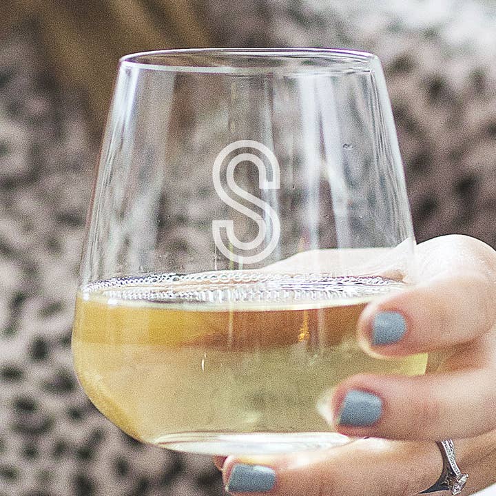 Personalised Initial Stemless Wine Glass for wholesale by Becky Broome