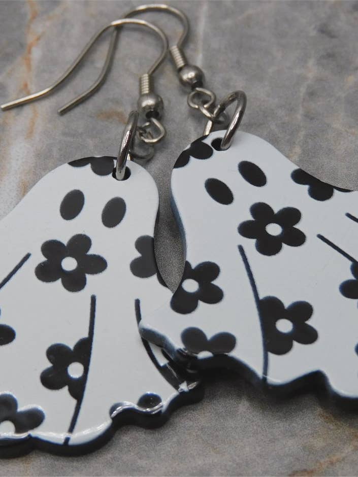White with Black Flower Ghost Acrylic Earrings - Fun for wholesale by Simply Raevyn