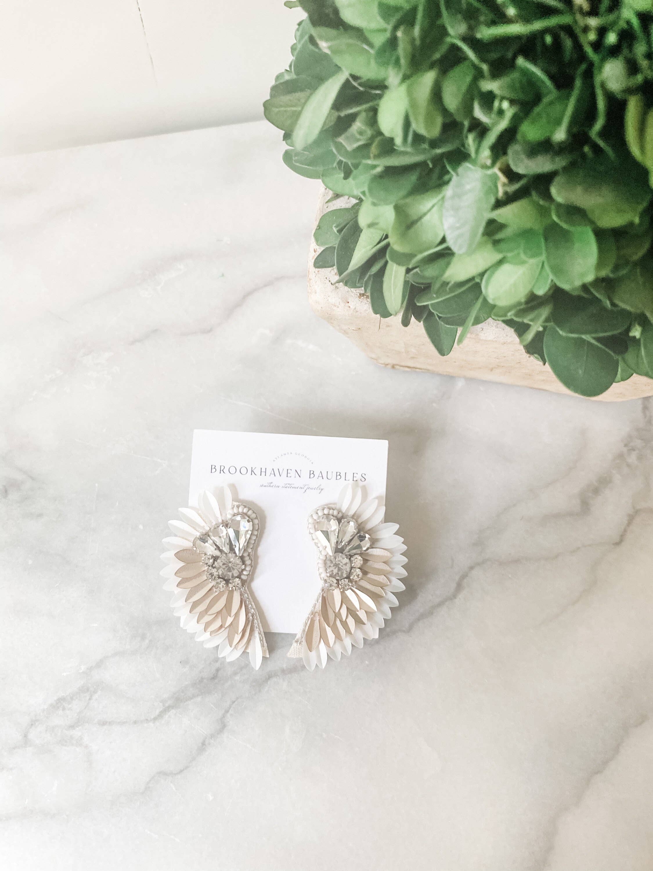 Brookhaven Baubles - Wholesale Dangle Earrings - Ivory Gold Ombré Beaded Crystal Winged Statement Earrings2