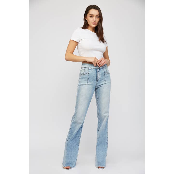 SUPER HIGH RISE RELAXED FLARE WITH DOUBLE BUTTON for wholesale by Mica Denim