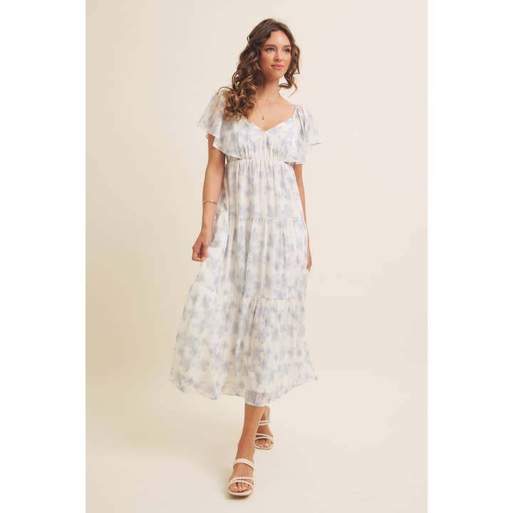 in february - Wholesale Dress - Women's - ROMANTIC FLORAL SHEER MIDI DRESS WITH FLUTTER SLEEVES