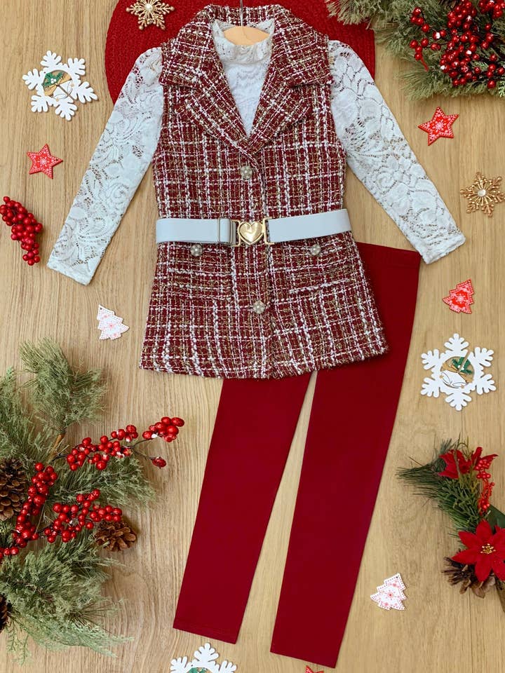 Burgundy Frosty & Chic White Lace Top, Vest, Belt & Legging Set for wholesale on Faire1
