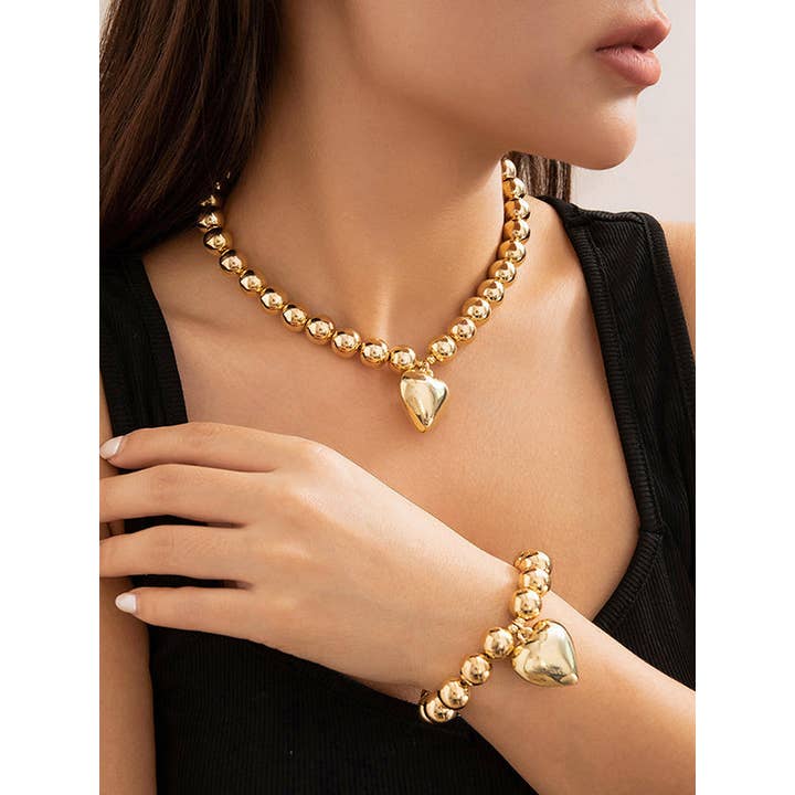 ginghamandposh - Wholesale Jewelry Set - Beaded Heart Shape Shiny Bracelet and Dainty Necklaces