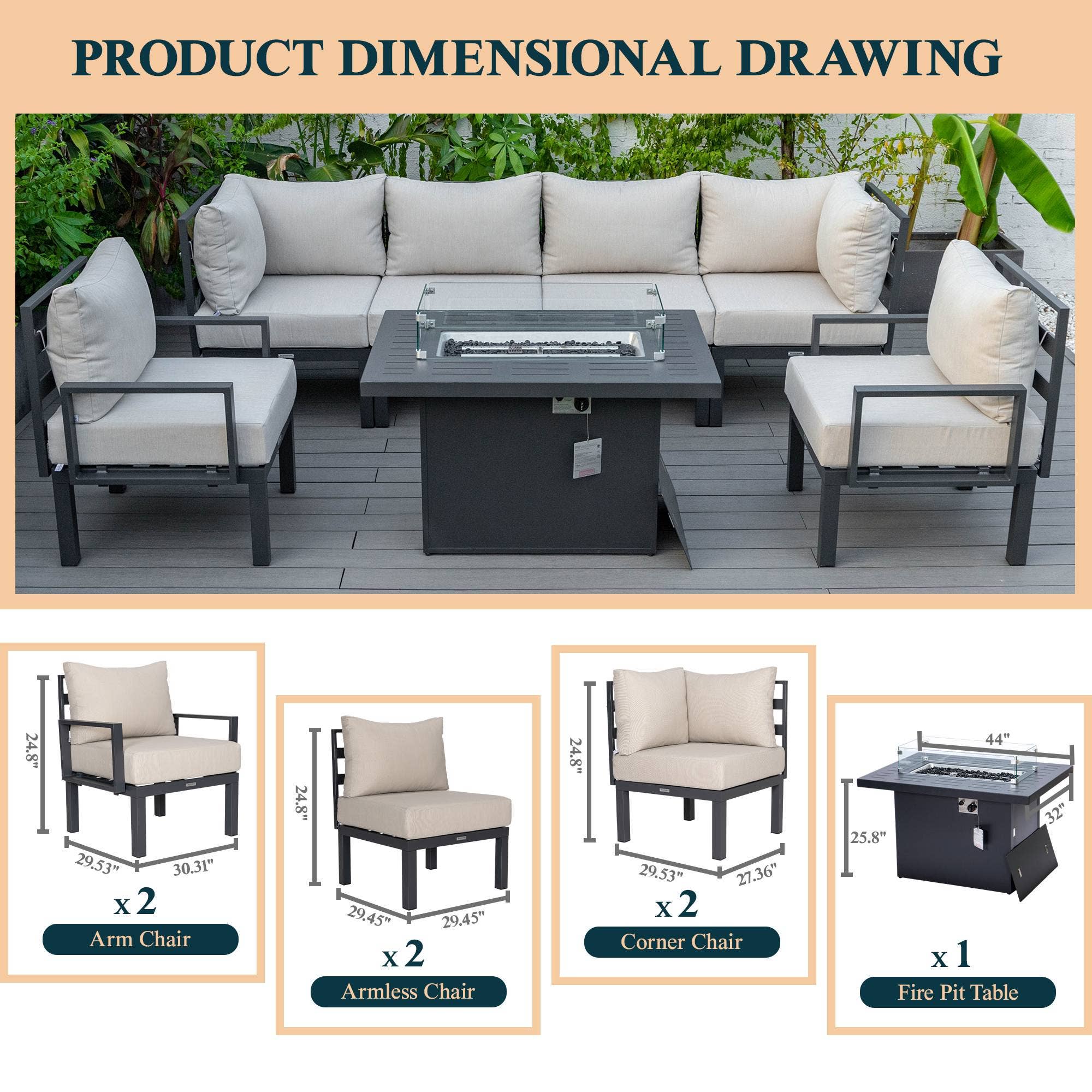 LeisureMod - Wholesale Patio Set - Chelsea 7-Piece Patio Sectional Set with Fire Pit Table65
