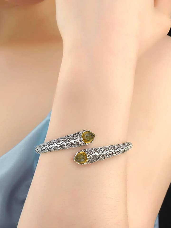 Sterling Silver Citrine Gemstone Women`s Hinged Bracelet for wholesale by Filigranist Jewelry