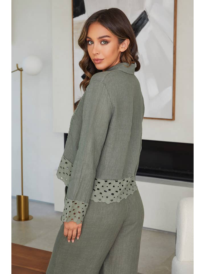 MILIO MILANO - Wholesale Button Down Shirt - Women's - LINEN BUTTONDOWN WITH EMBROIDERY TRIM(11692-ARMYGREEN)2