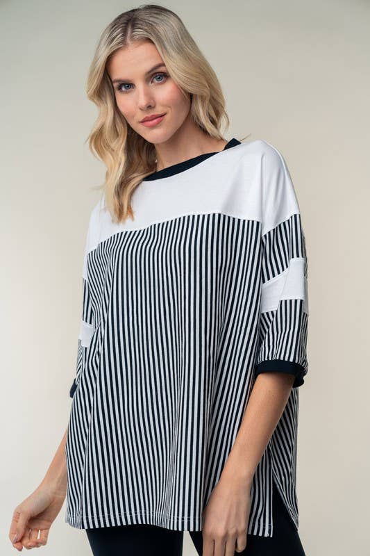 Nero Top in maglia a righe a maniche corte T25111 in vendita all'ingrosso su Faire1
