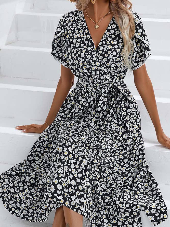 Wrap V Neck Tulip Sleeves Maxi Floral Dress ZZKF1015 for wholesale by UNISHE