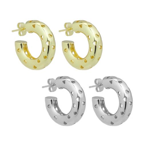 Gold Silver Hollow out Heart Thick Hoop Earrings, Sku#LD566 for wholesale by BestBeads&Beyond