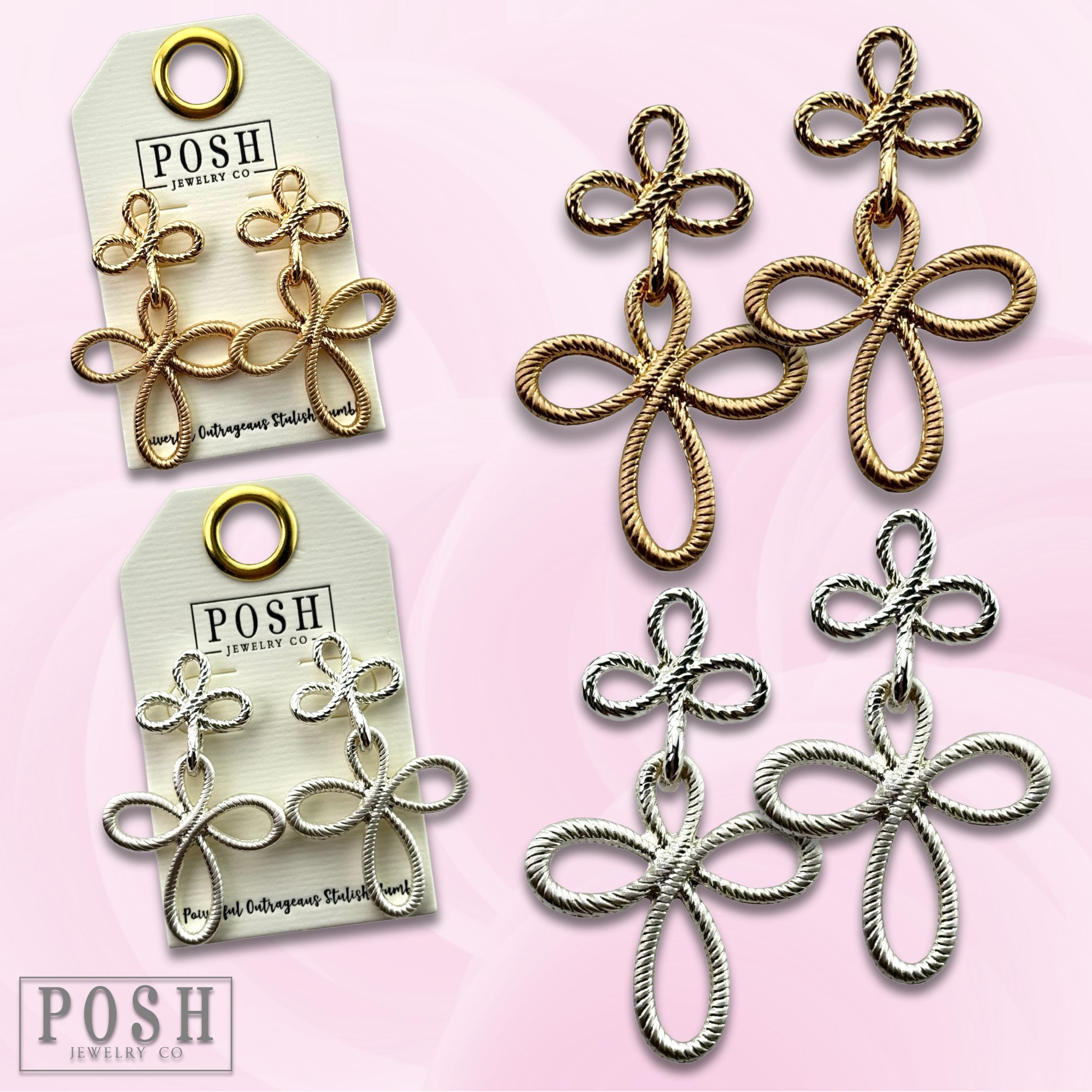 Pink Panache Brands - Vente Boucles d'oreilles pendantes - Boucle d'oreille texturée à double croix3