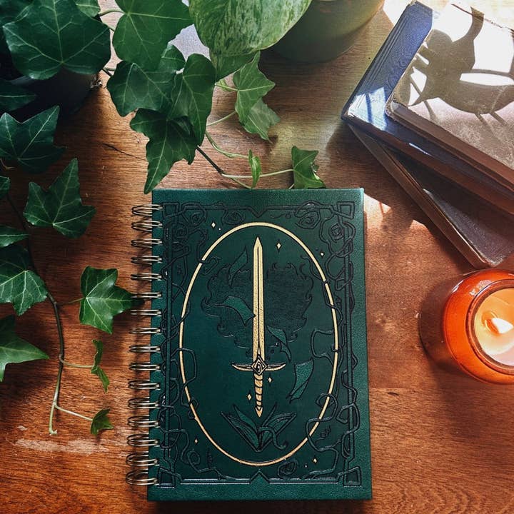 Fablewood Goods - Wholesale Notebook - Sword of the Spirit | Gold Spiral Bound Notebook | Whimsy Knight | Lined, Blank, Dot Grid | A5 | 6" x 9"