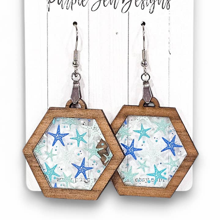 Beachy starfish earrings with walnut hexagon frame for wholesale by Jennifer Hughey