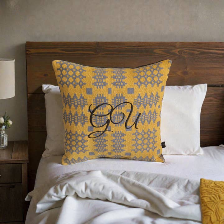 Gu Mustard Welsh tapestry Blanket design Cushions for wholesale by Moose & Co
