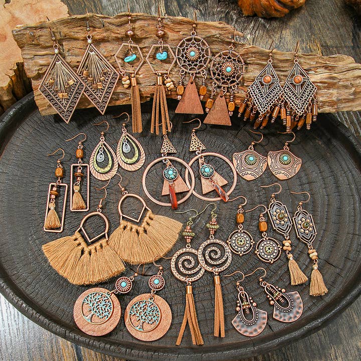 Ensemble de boucles d'oreilles bohème vintage marron — boucles d'oreilles géométriques à pampilles pour la vente par Halcyon Outfitters®