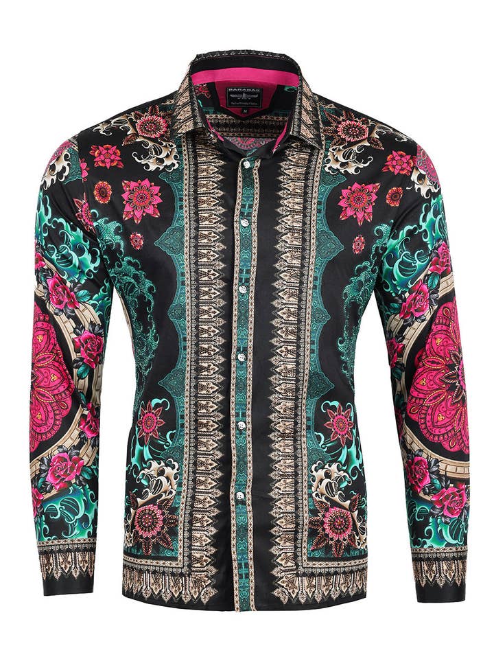 BARABAS - Wholesale Button Down Shirt - Men's - Men's Rhinestone Floral Print Long Sleeve Shirts 3SPR413