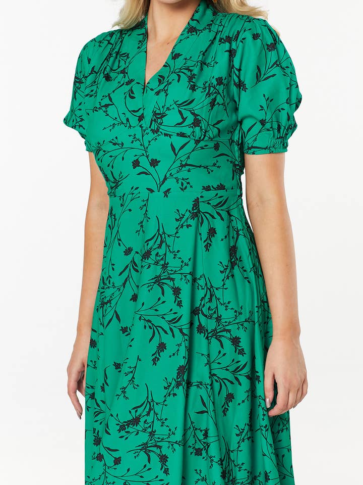 Timeless London - Vendita all'ingrosso Vestito - Donna - Vestito a Linea Rossel Verde Floreale Midi Tea Dress2