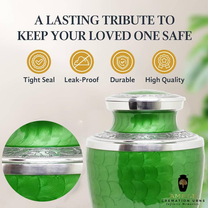 Ample Cremation Urns - Vente Urnes - Urne funéraire en laiton argenté et vert émeraude – Gravée à la main7