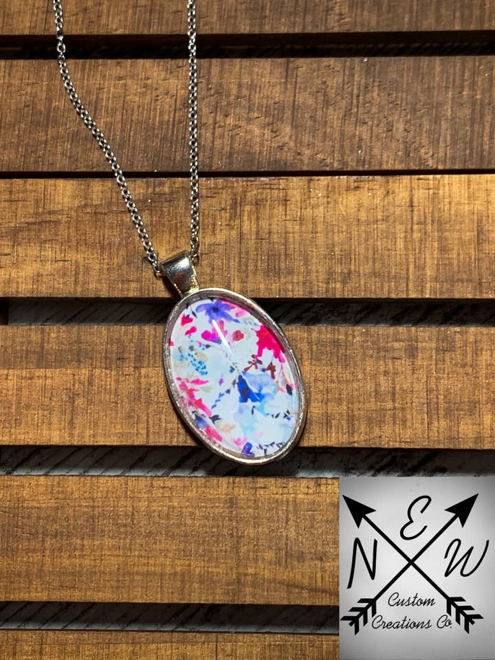 Abstract Multi Colored Floral Oval Cabochon Necklace for wholesale by N.E.W. Custom Creations Co LLC