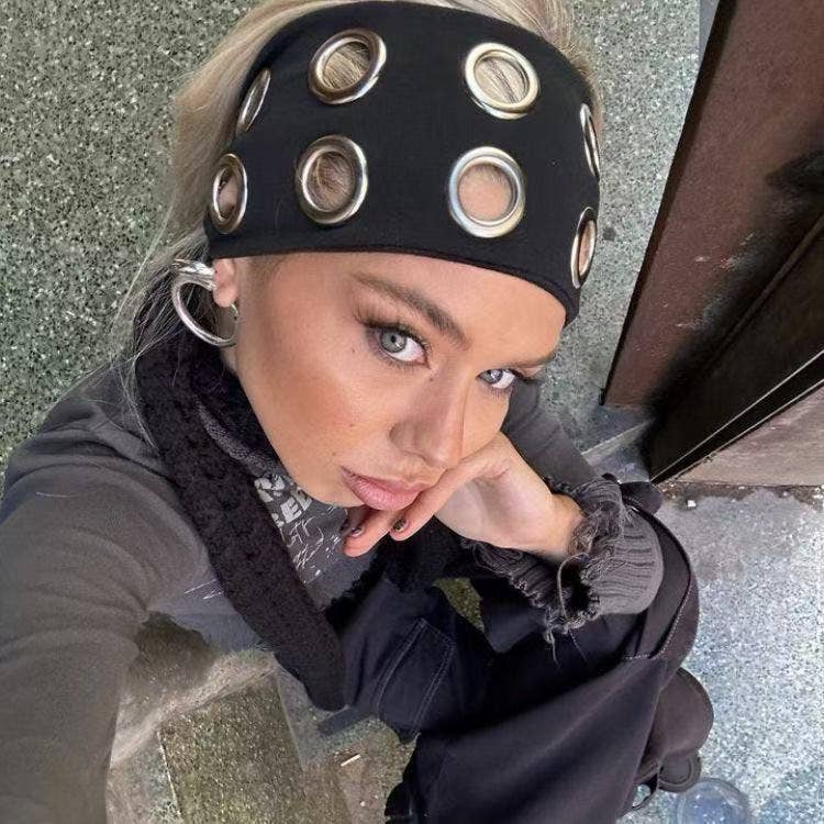 LadyJuneAccessories - Wholesale Fashion Headband - Women's - Ribbed Wide Headband with Metal Grommet Holes Multiple Color5