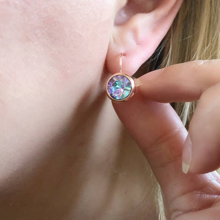 Love Bird Fashion Accessories - Wholesale Stud/post earrings - Purple & Blue Rose Gold Crystal Leverback Earrings2