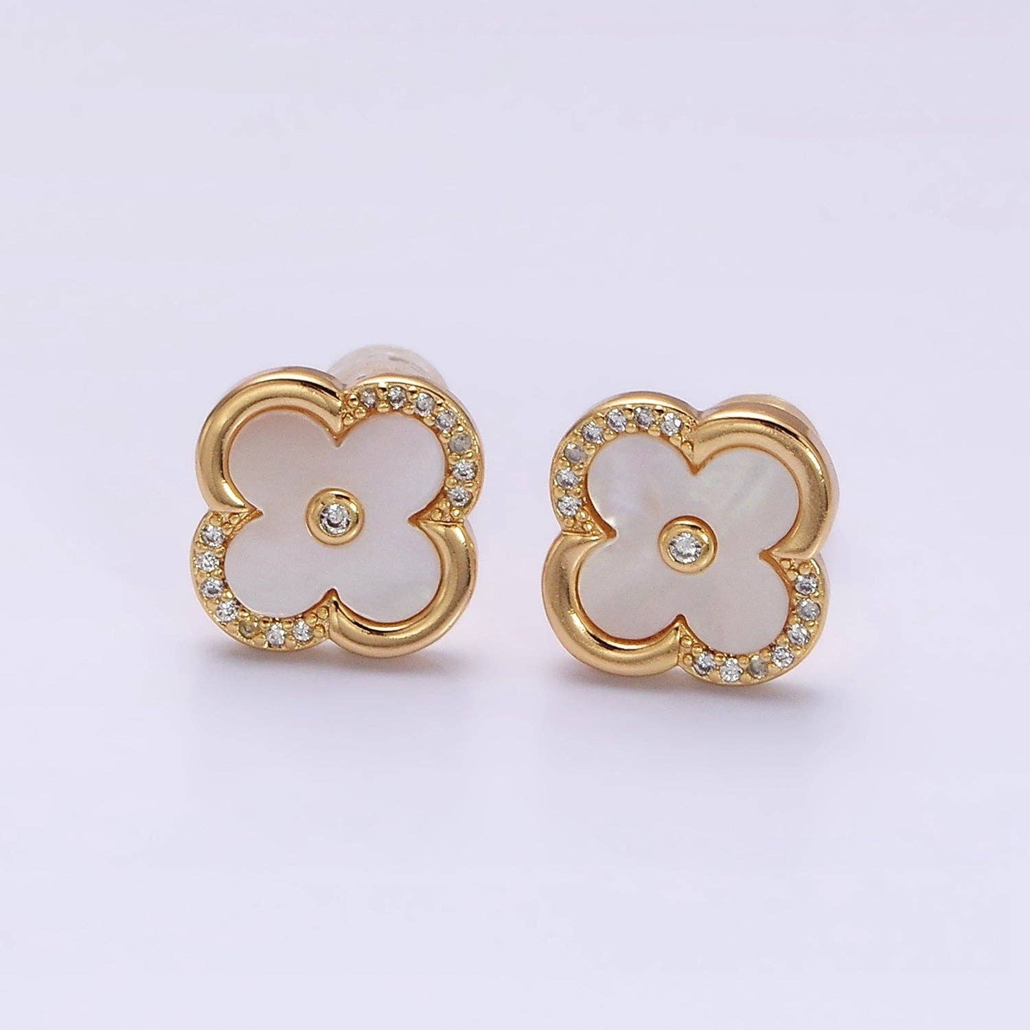Aim Eternal - Wholesale Stud/Post Earrings - 16K Gold Filled 12mm Shell Pearl Quatrefoil Clover Micro Paved CZ Stud Earrings in Gold & Silver | AB1535 AB15360
