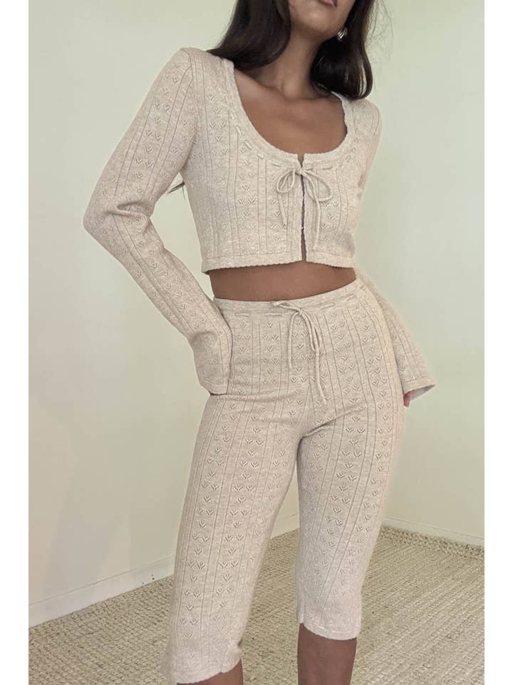 Knitted Pointelle Front Tie Top And Capri Pants for wholesale by Et Clet