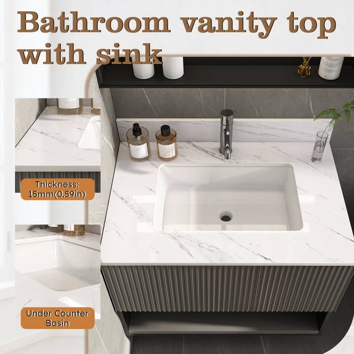39F Inc. - Wholesale - Elegant Bathroom Vanity Top with Undermount Sink, White Sintered Stone, 31 Inch Carrara Marble Design11
