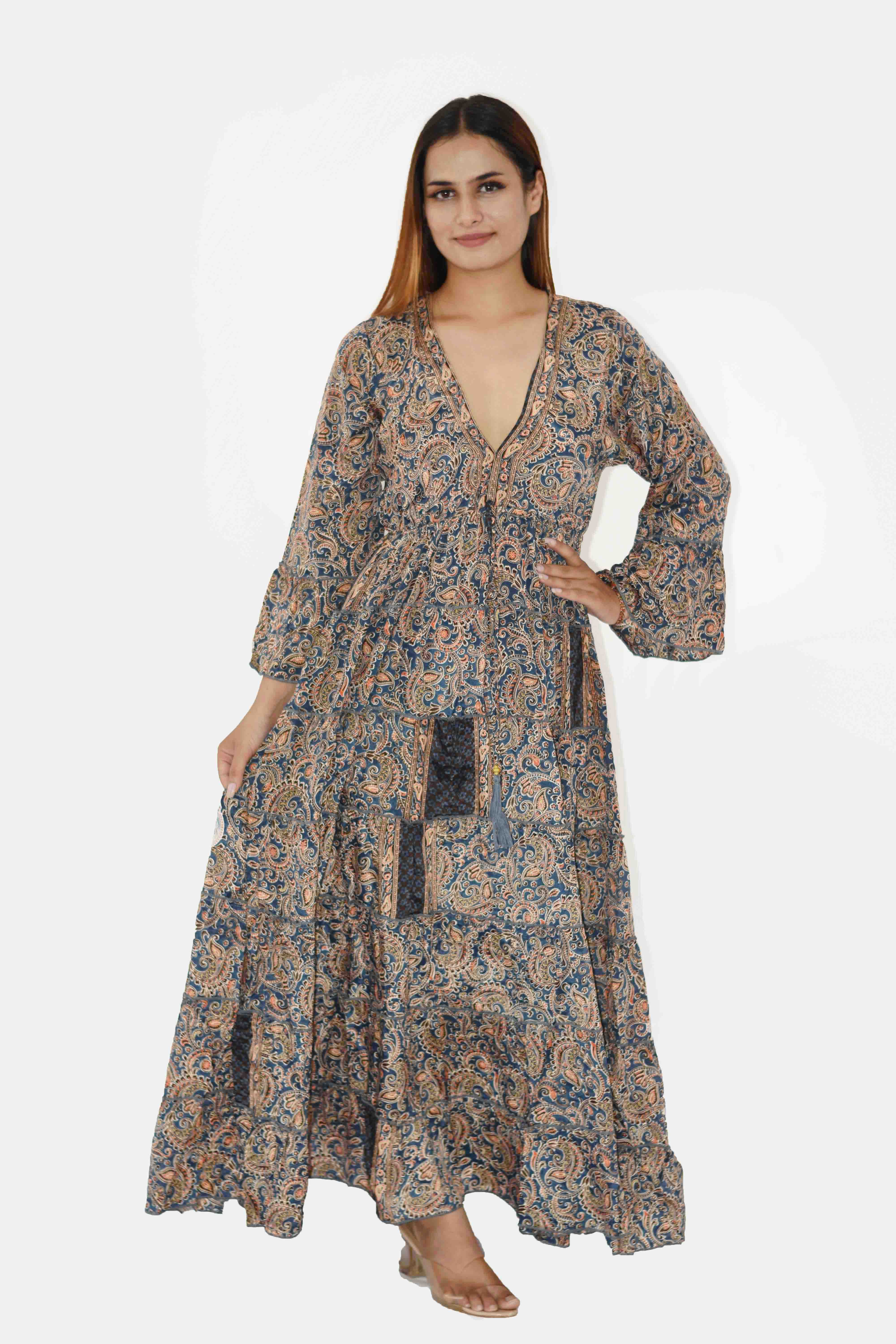 Humanity Centred Designs – wholesale Dress – Women's – V neck Full length printed frill dress with flared Sleeve9