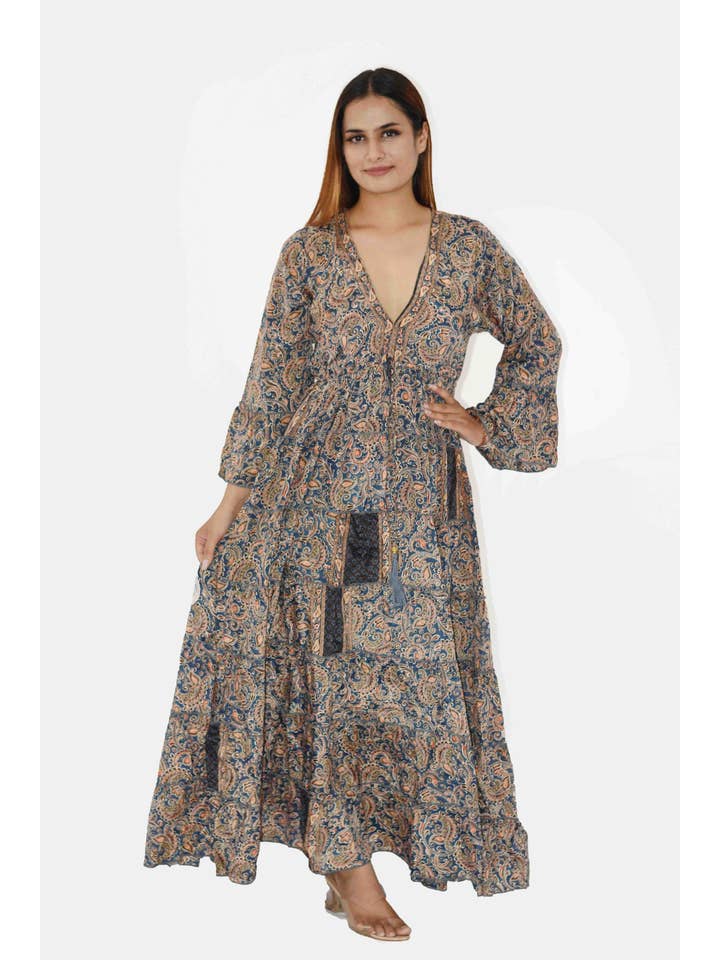 Humanity Centred Designs – wholesale Dress – Women's – V neck Full length printed frill dress with flared Sleeve9
