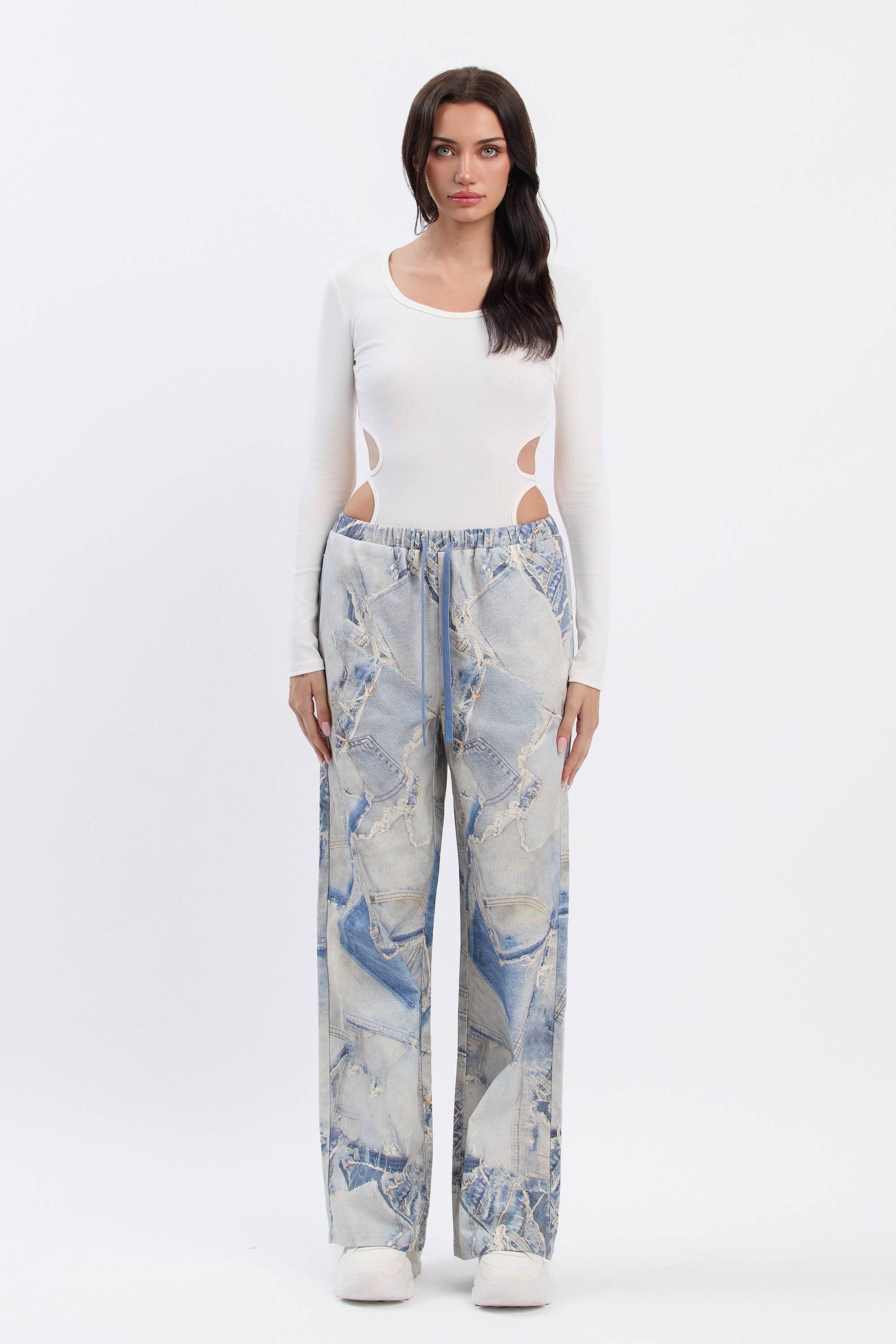 No Vacancy - Wholesale Pants - Women's - Denim print wide legged pants w/ drawstring2